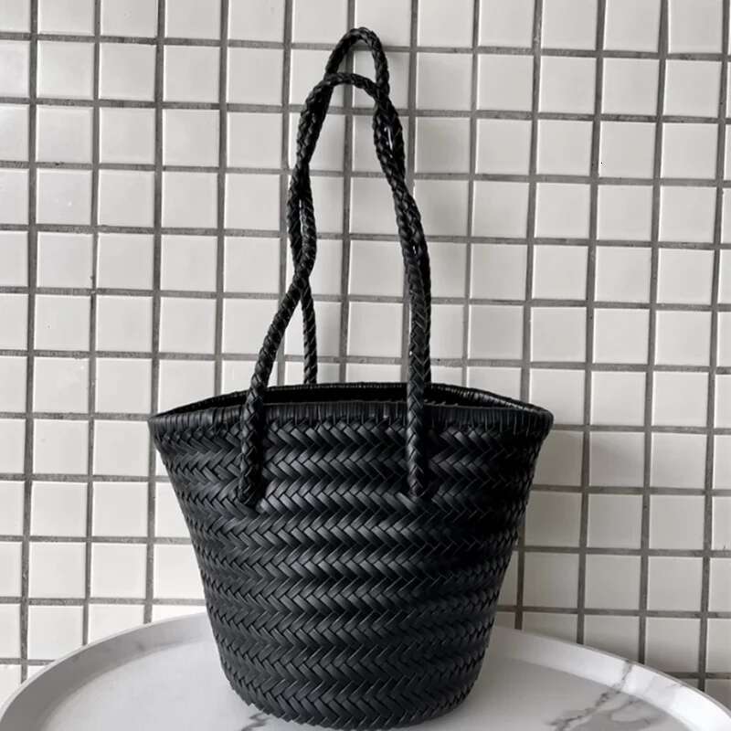French retro first layer cowhide leather woven bucket bag Leather Woven Vegetable Basket Bag Women