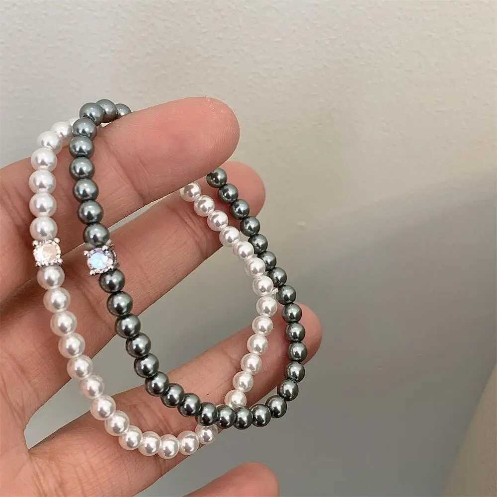 Romantic French Shiny Zircon White Gray Simulated Pearl Beaded Strand Bracelets for Women Simple Elegent Jewelry AccessoriesC250411