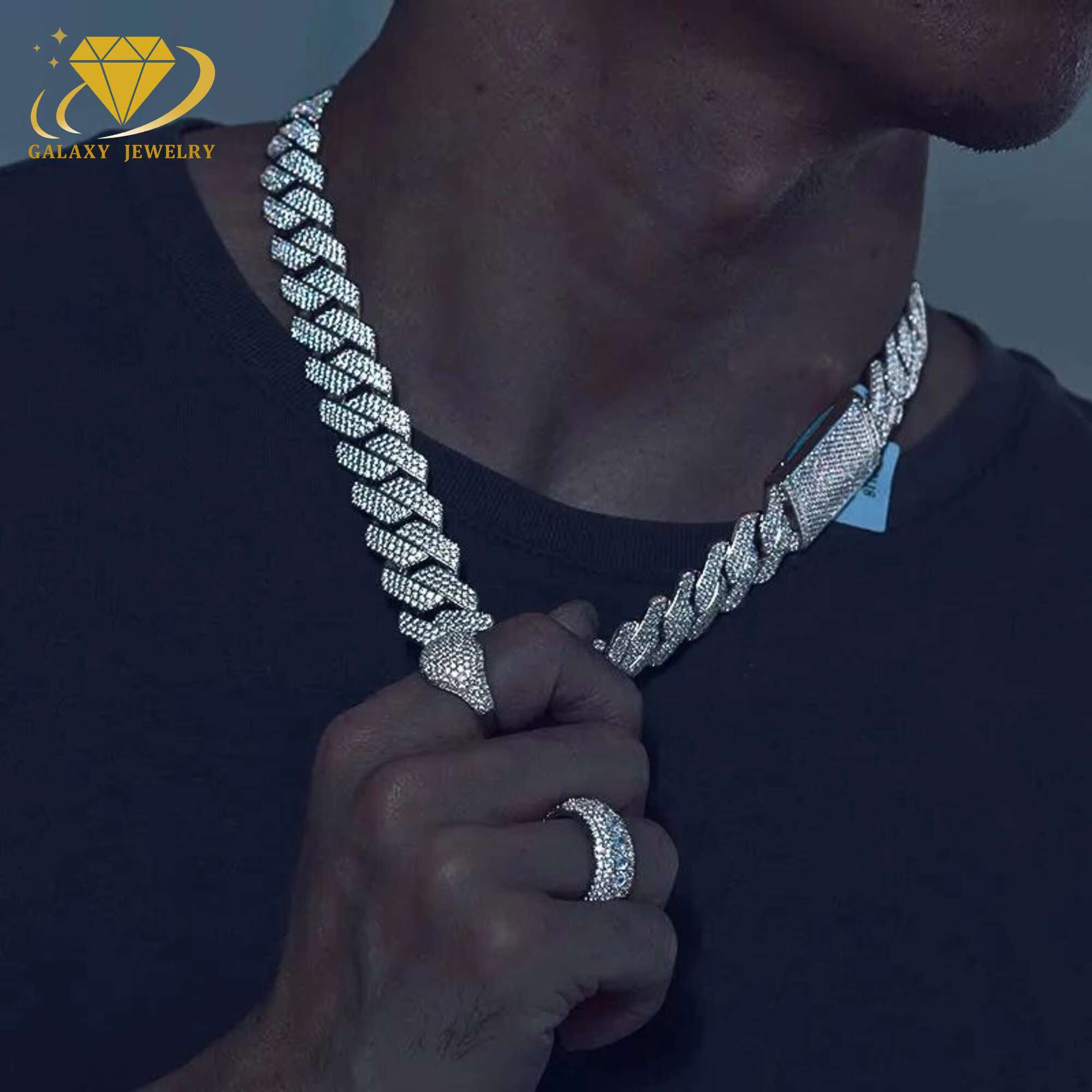Hip Hop Moissanite Mens Jewelry 3 Rows Full Iced Out VVS Moissanite Diamonds 20mm Width 925 Solid Silver Miami Cuban Link Chain