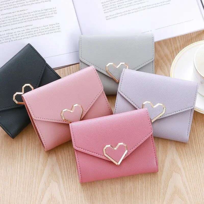 Women Heart Hasp Short Wallet Simple Multifunctional Folding Purse Card Holder Cute Fashion Clutch Girls Money Bag ddmythur