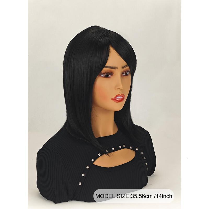 Medium-length straight hair fully hined 14 inches natural heat-resistant fiber high temperature silk dyeable and permable bangs synthetic wig Short Bo