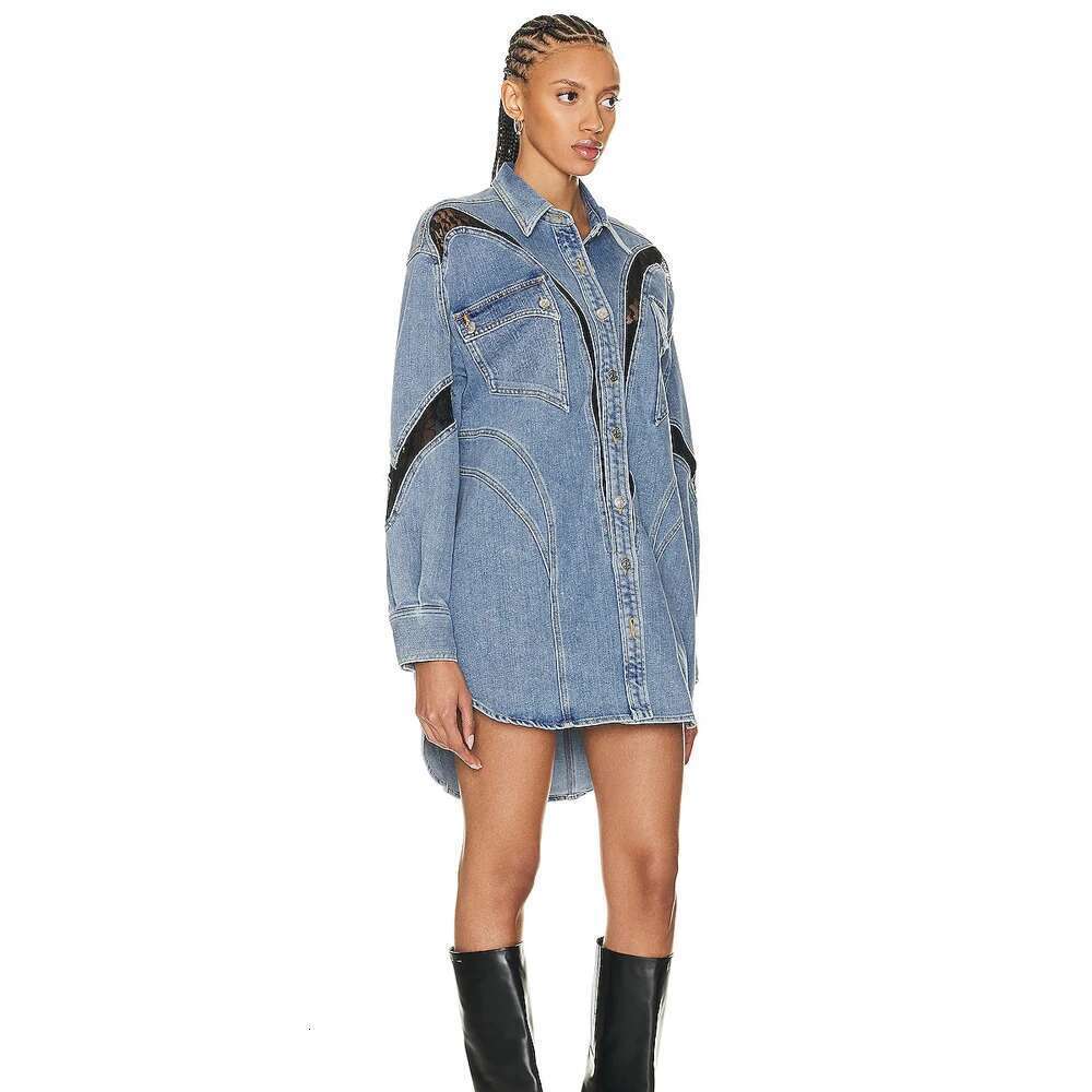 Streetwear Oversized Denim Long Shirt Coat For Women 2024 Autumn Spring Fashion Lapel Asymmetrical Lace Patchwork Casual Jackets