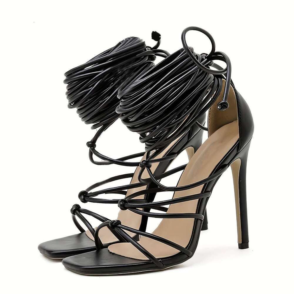Women's Sexy Over-The-Knee Lace-Up Stiletto Heels, Open Toe High Heels With Rubber Sole, Man-Made Materials, All-Season Solid Color Party Shoes