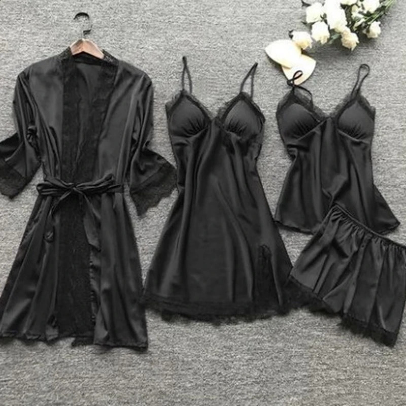 4 Pieces Womens Sexy Lace Pajamas Fashion V-Neck Gown Comfort Pajamas With Chest Pads Nightdress Casual Loungew 250409