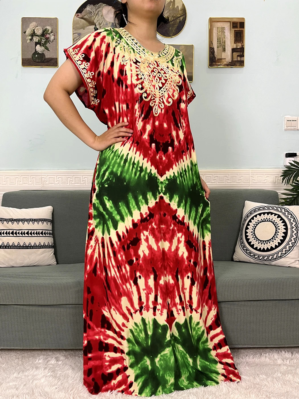 Muslim Cotton Abayas Womens Decal Printed Caftan Marocaine Robe Boubou African Islamic Dress 250411