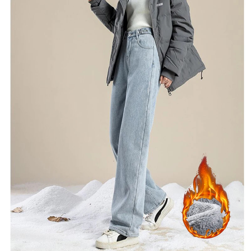 Winter Girls Plush Thermal High Waist Solid Jeans Lady Fleece Snow Warm Denim Pants Women Baggy Straight Leg Daily Trousers Z260313