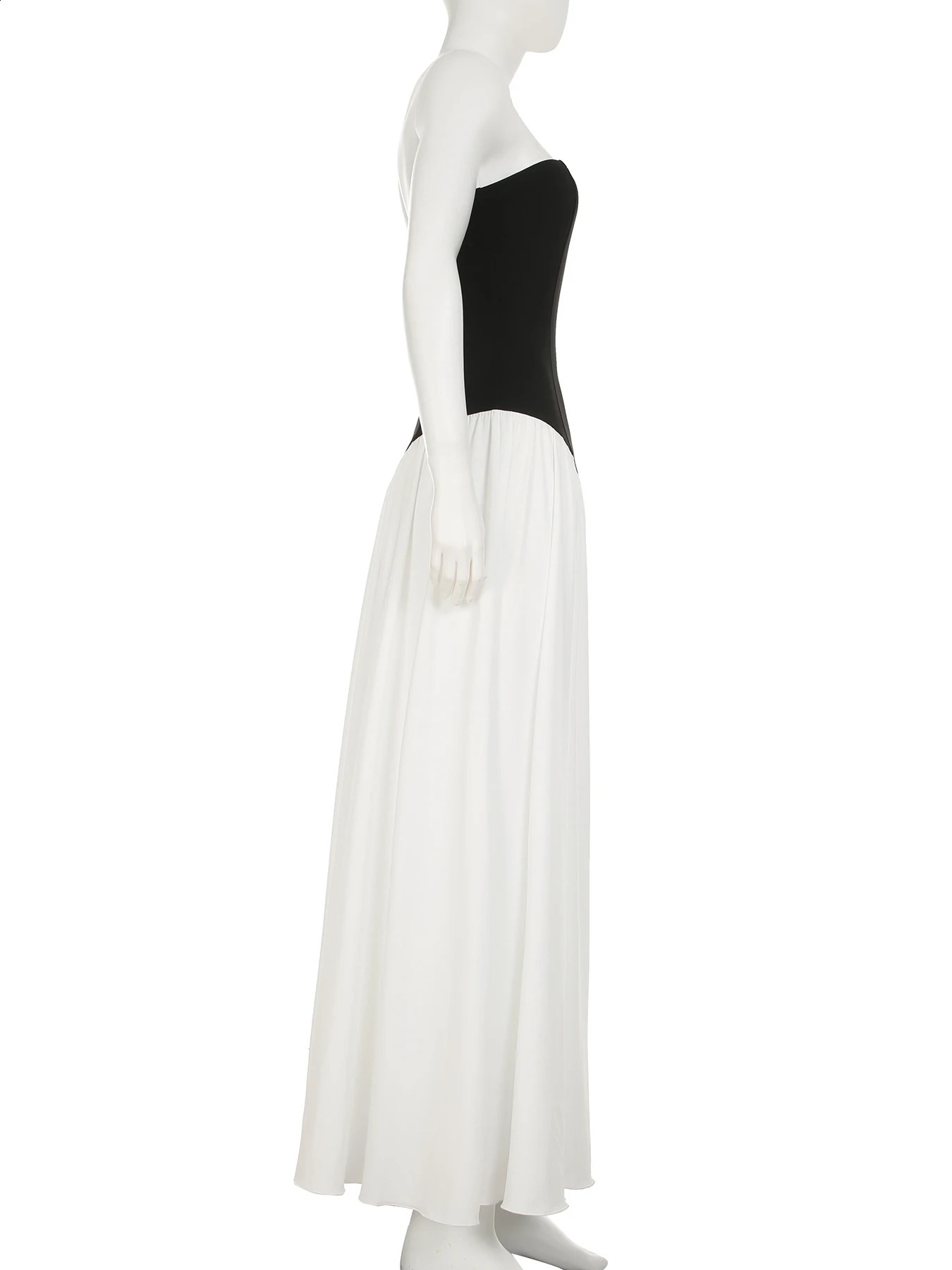 IAMSURE Elegant Fashion Slim Patchwork Split Tube Dress Holiday Sexy Slash Neck Sleeveless Maxi Dresses For Women 2025 Summer 250411