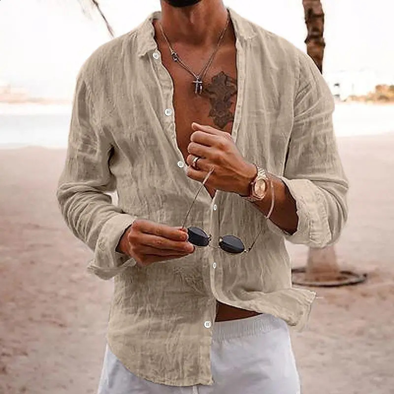 Mens Summer Shirt Casual Lightweight Solid Color Loose Single Breasted Lapel Cotton Linen Long Sleeve Shirt Vacation Beach Tops 250411