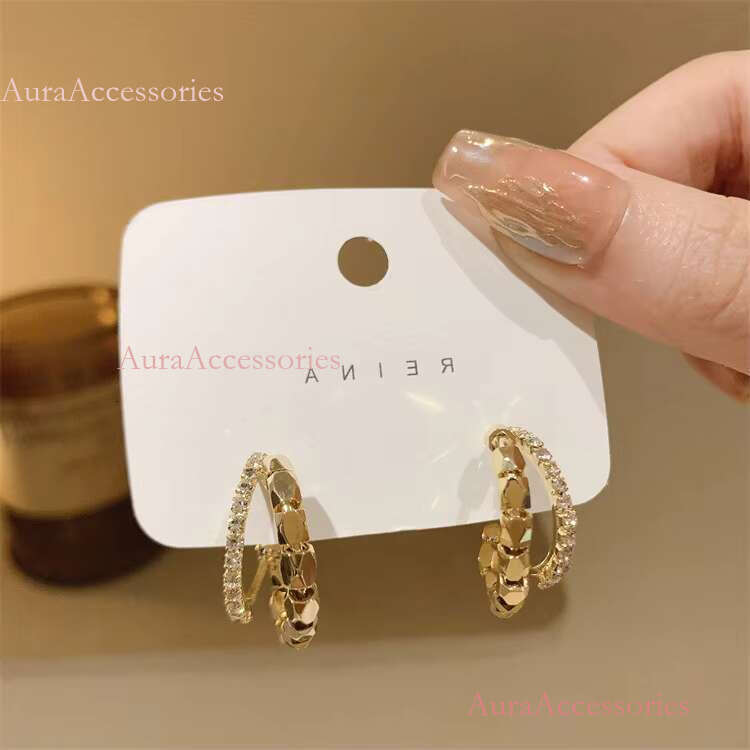 Korea Fashion Double Circle Cube Alloy Zircon Crystal Fancy Stud Earrings for Women Girls Jewelry
