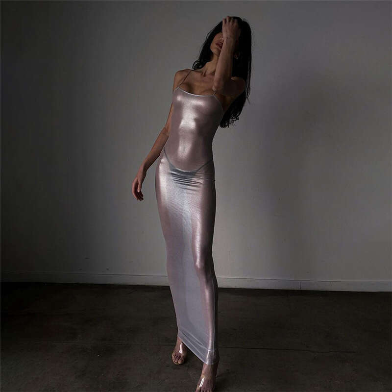Women's Wear Women's Spring/Summer New Nightclub Fashion Spicy Girl Sexy Perspective Net Hot Silver Slim Fit Hanging Strap Dress