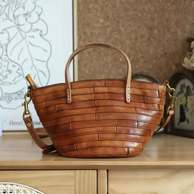 Head Layer Tanned Cowhide Hundred Small Vegetable Basket Splicing Women's Bag Single Shoulder Crossbody Handheld Retro