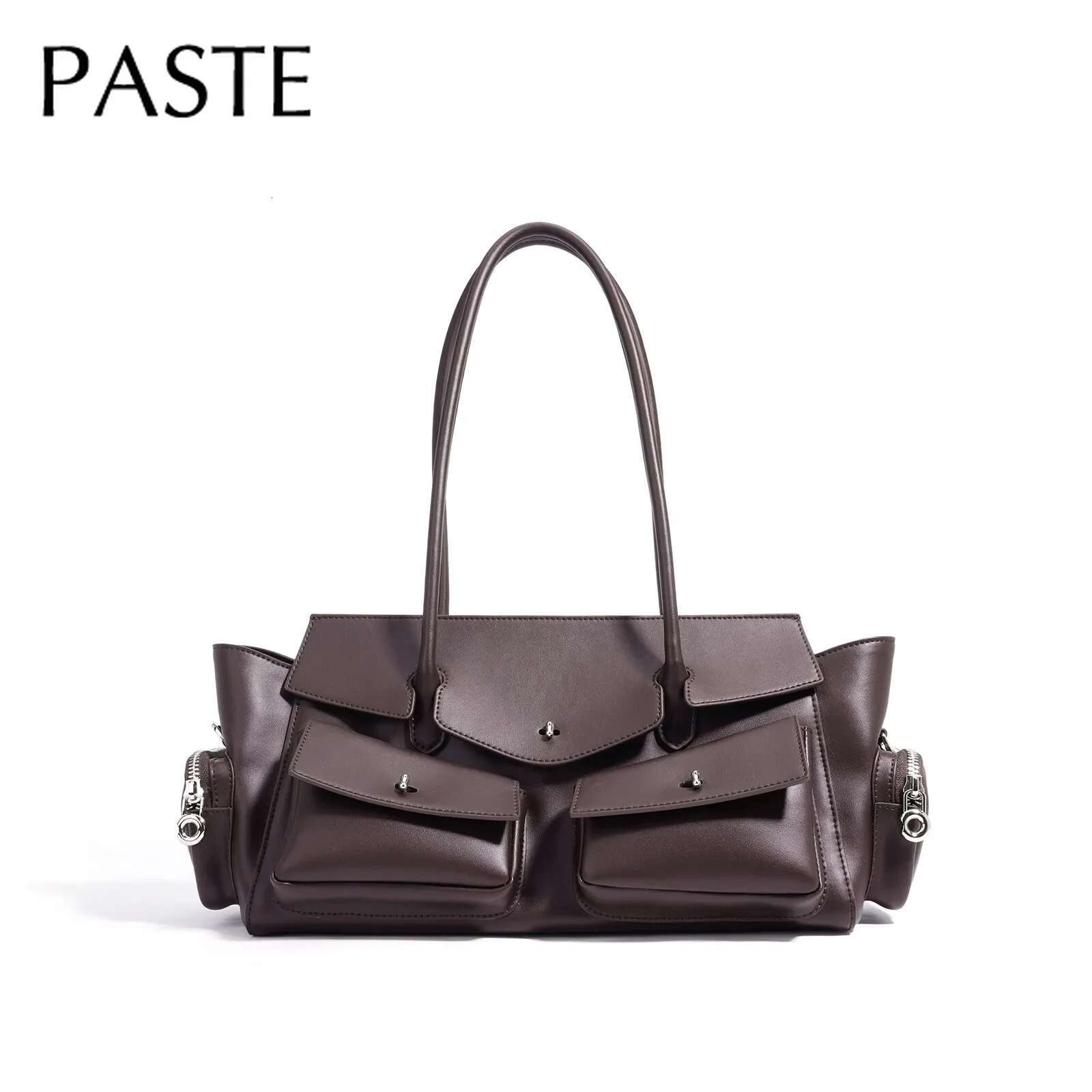 Motorcycle Style Multiple Pockets Design Large Tote Glossy Split Cow Leather Women Handbag Vintage Shoulder Bag Long Handle