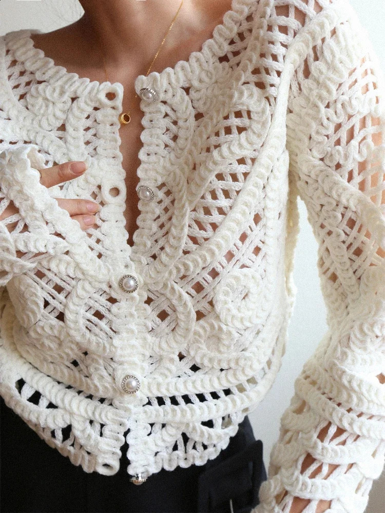 Women Handmade Hollow-out Slim Fit Cardigan 2025 Fashion Trends Crochet Sweater Spring Summer White Knit Bohemain Top 250411
