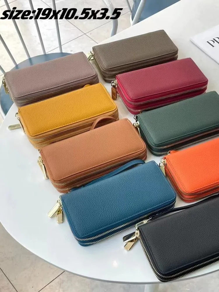 genuine leather womens wallet cowhide leather double zipper clutch bag business and leisure long wallet womens multi card wallet 250411