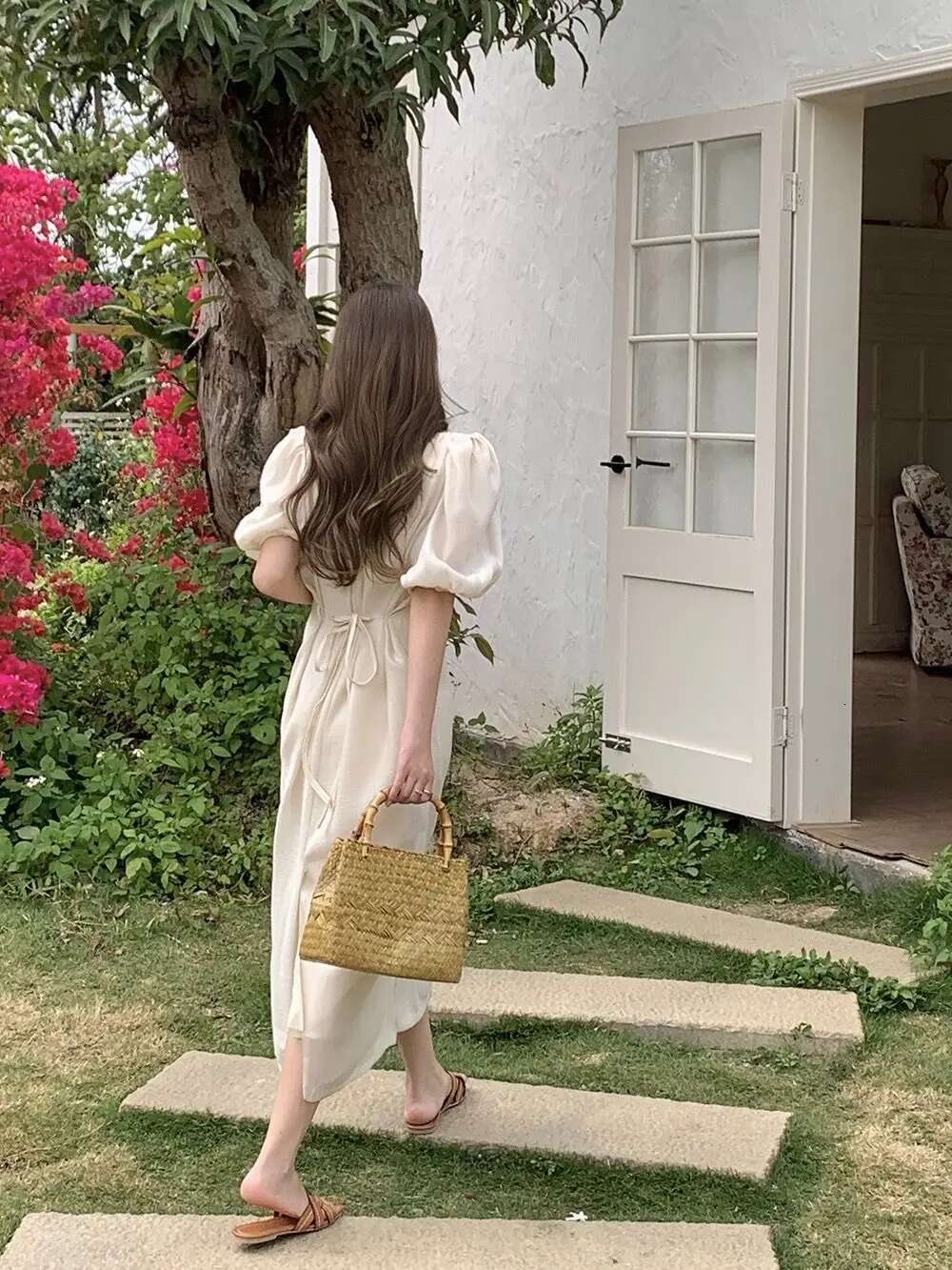 Vintage Handbag Bamboo Knot Wooden Handle Water Grass Woven Women Seaside Vacation Travel Beach Bag Picnic Vegetable Basket