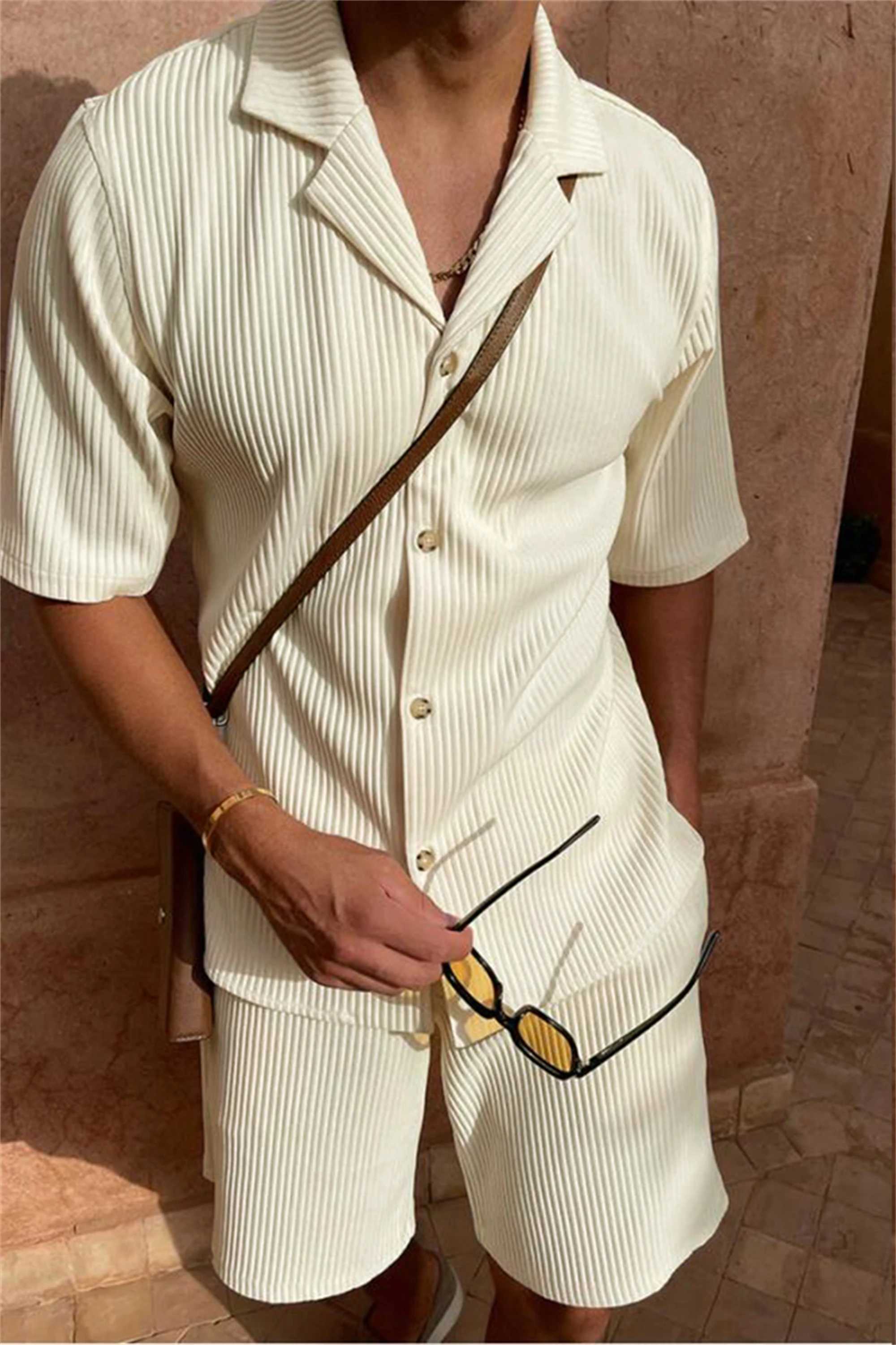 Spring/Summer Solid Color Corduroy Short Sleeve Shirt and Short Stretch Beach Casual SetXJ250412