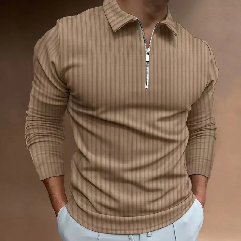 mens autumn and winter solid color lapel casual sports polo shirt with zipper long sleeves and high elasticity 250411