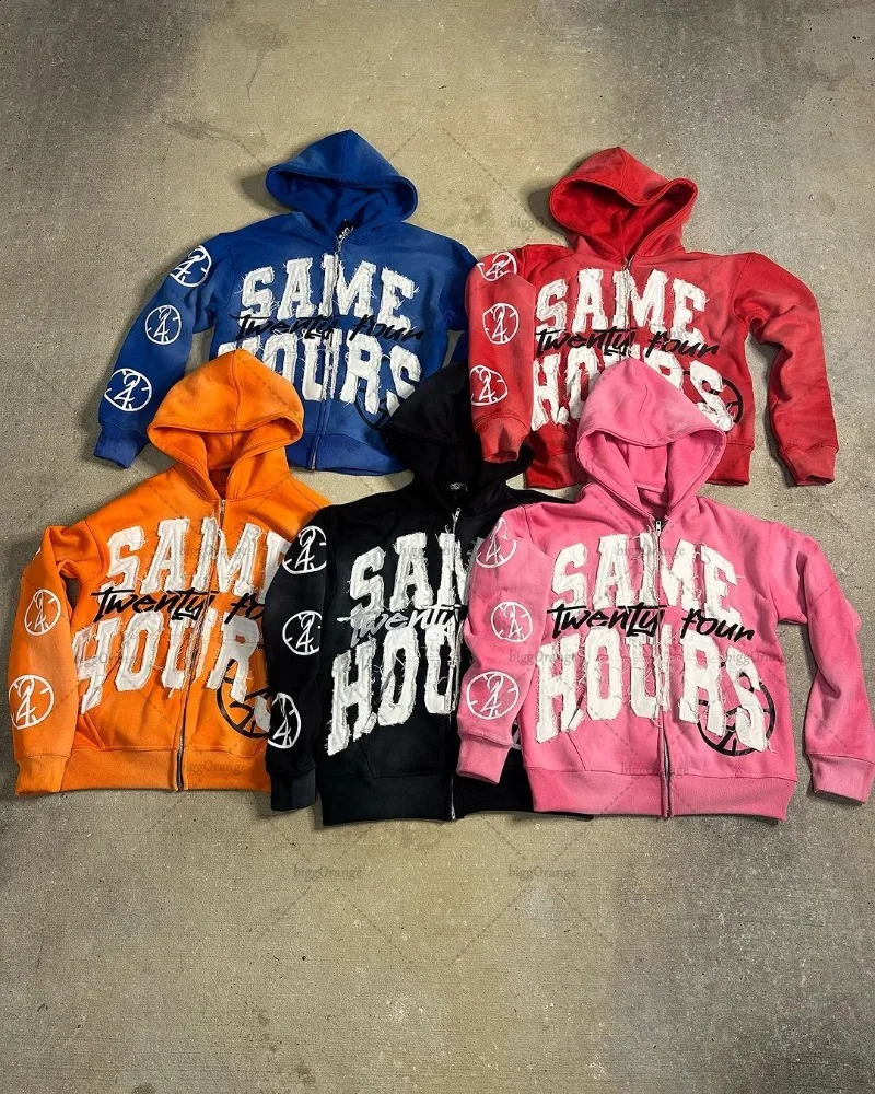 Y2K Harajuku Retro Color Zipper Hoodie American Fashion Hip Hop Street Clothing Punk Style Letter Printed Oversized Sweatshirt 250411