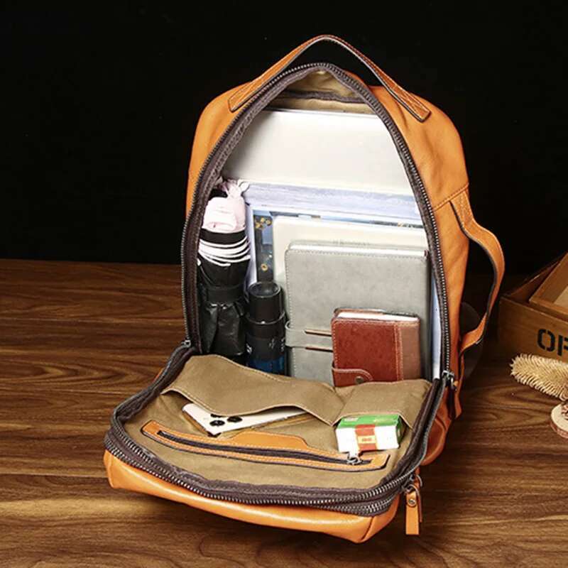 Men's Genuine Leather Backpack Trendy Fashion Tree Cream Top Layer Cowhide Large Capacity Printed Computer Bag