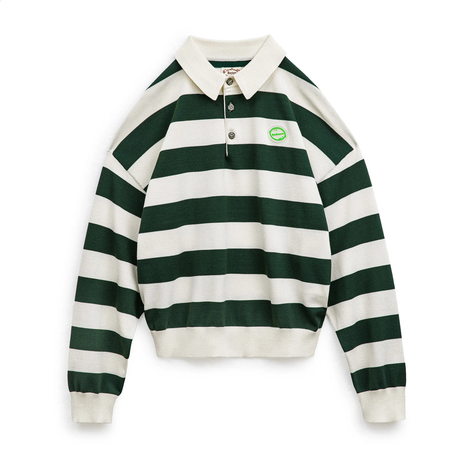 Maden Retro Classic White and Green Color Blocking Striped Polo Shirt for Women Autumn Long-sleeved T-shirt Loose Casual Tops 250411