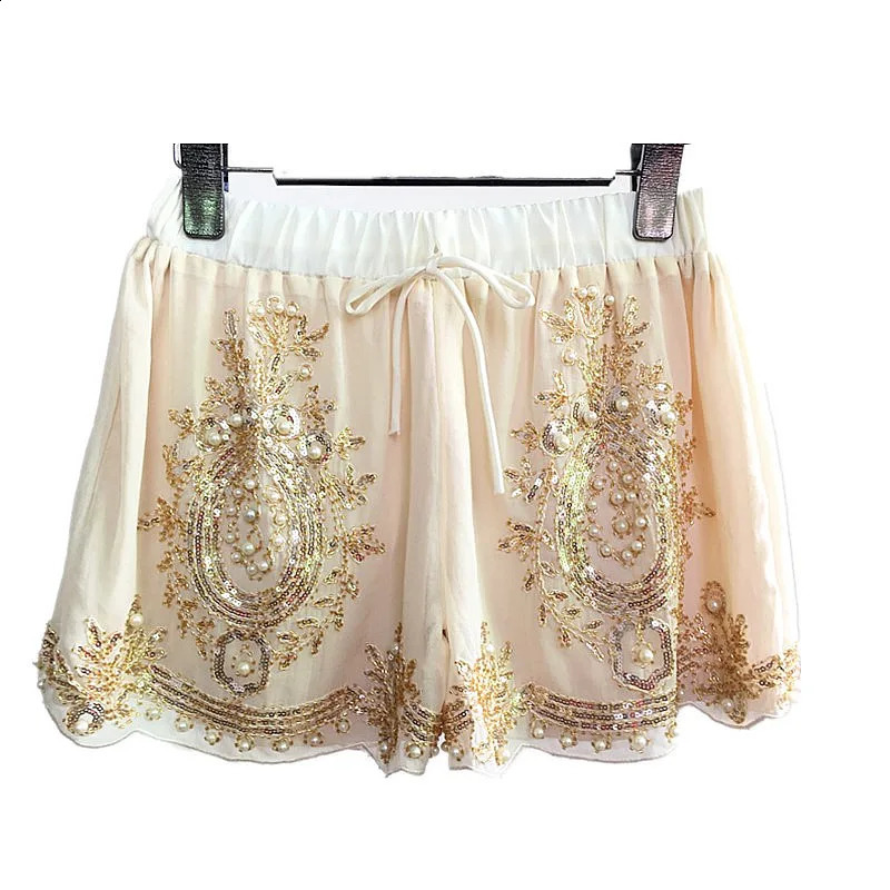 Sidaimi Women Summer Chiffon Shorts Floral Beading Wide Leg Shorts Sequined Bling Vocation Shorts Capris Female 250411