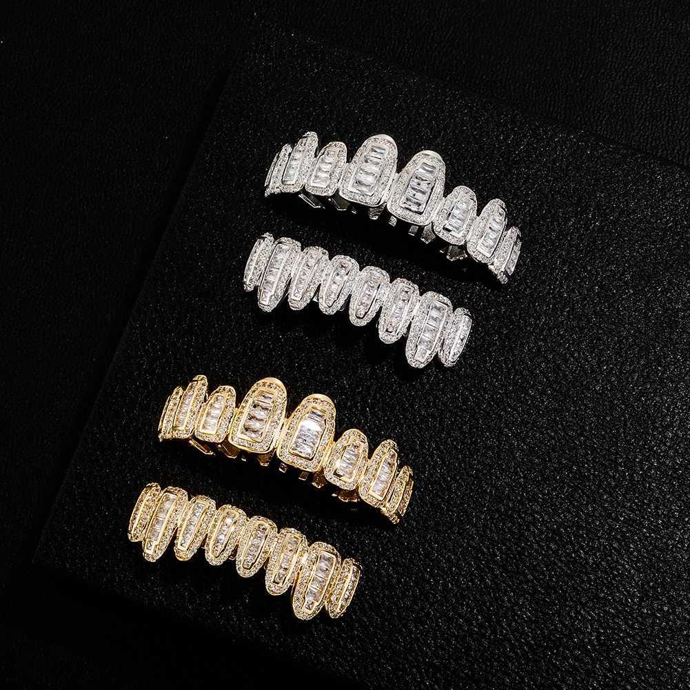 TOPGRILLZ Ice Sparkling Baguette Round Polyester CZ Tooth Matte 8 Top 8 Bottom Teeth Set Vampire Matte Mouth Jewelry W250412