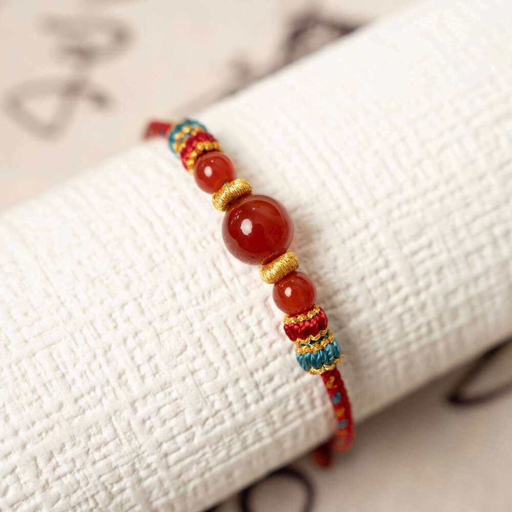 Handwoven Red Agate Bracelet with Jade - Dunhuang Artisan Craft, Natural Stone Jewelry for Luck & Protection