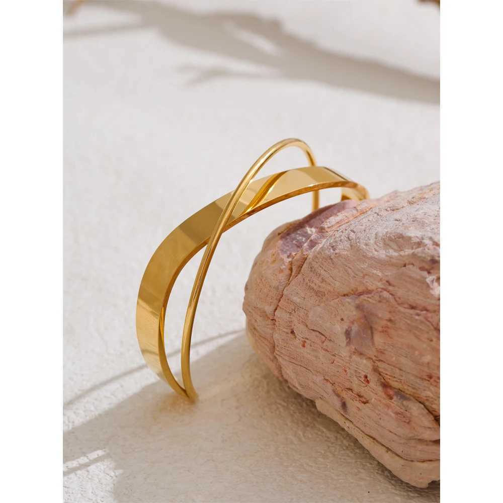 Yhpup Gold Silver Color Stainless Steel Smooth Metal Geometric Cuff Open Bracelet Bangle Waterproof Trendy High Quality JewelryC250411
