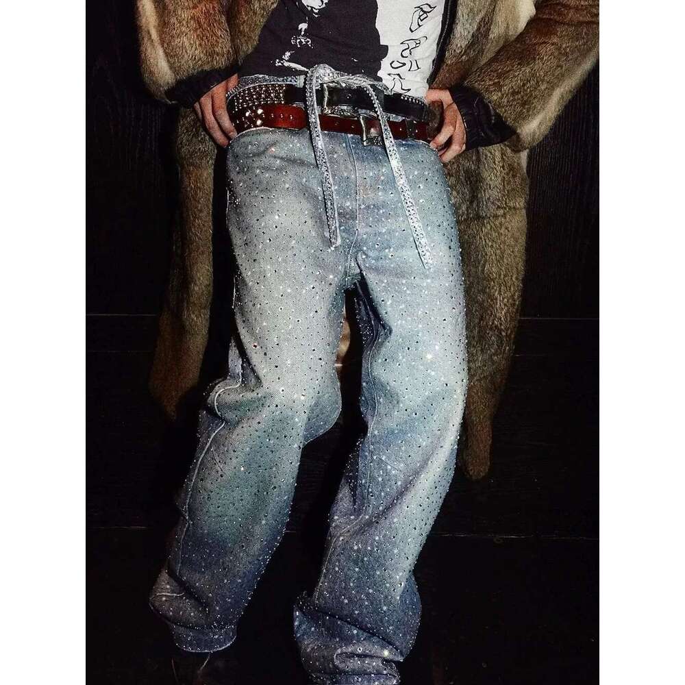 Full Rhie Print Washed Blue Baggy Jeans Mens And Women Ropa Hombre Streetwear Solid Casual Denim Trousers Loose Cargos