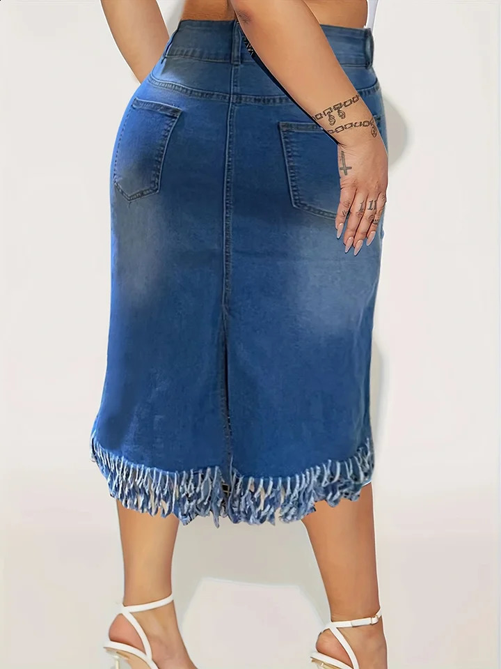 Womens Fringe Long Jean Skirts Fashion Casual Comforts Slim Mid Waist Stretch Denim Plus Size Half Skirt Four Seasons of Wear 250407