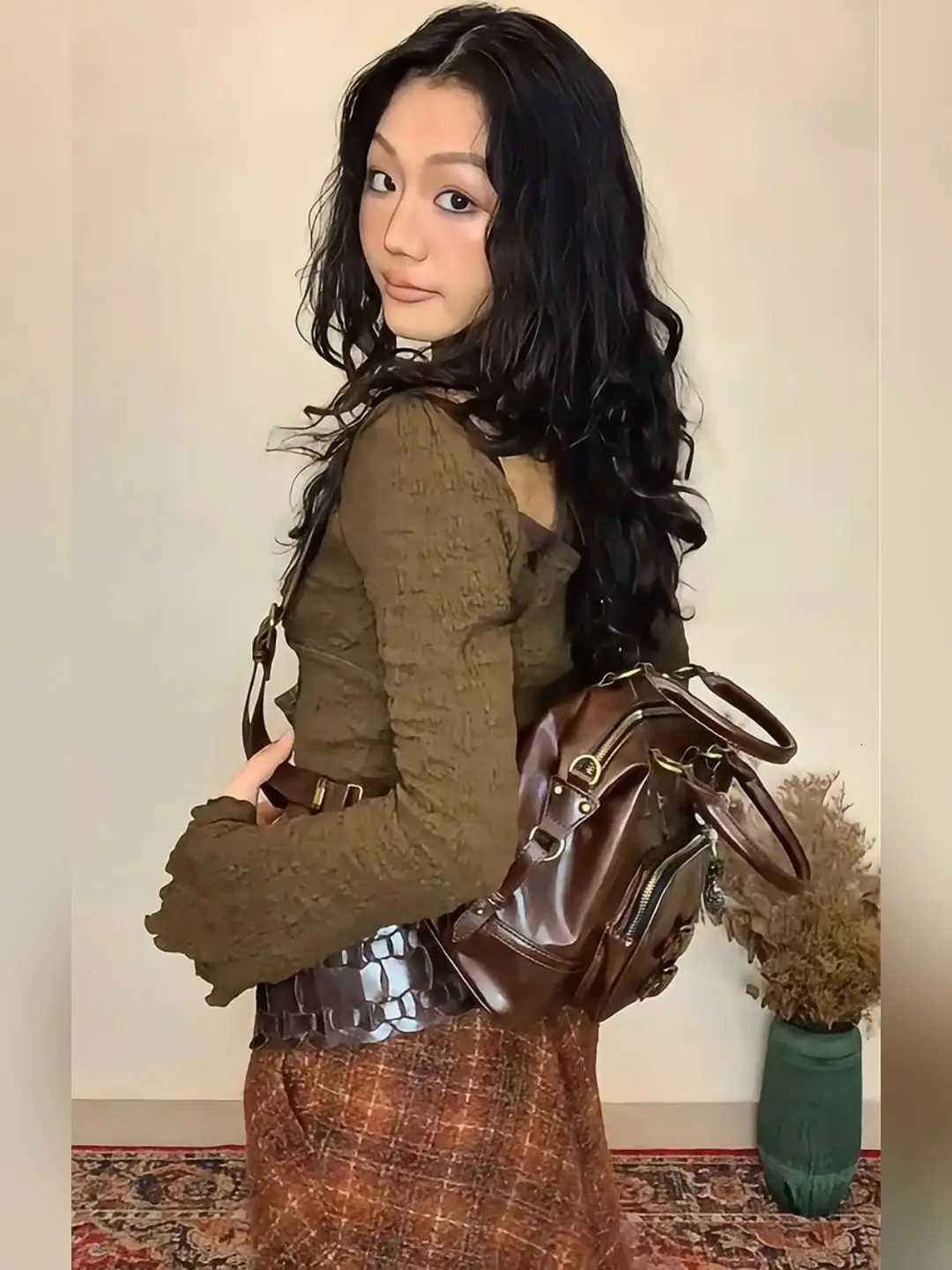 JIAERDI Retro Brown Large Capacity Purse Women 2025 Vintage Leather Handle Mini Backpacks Ladies Hot Girls Y2k Bags AestheticW251111