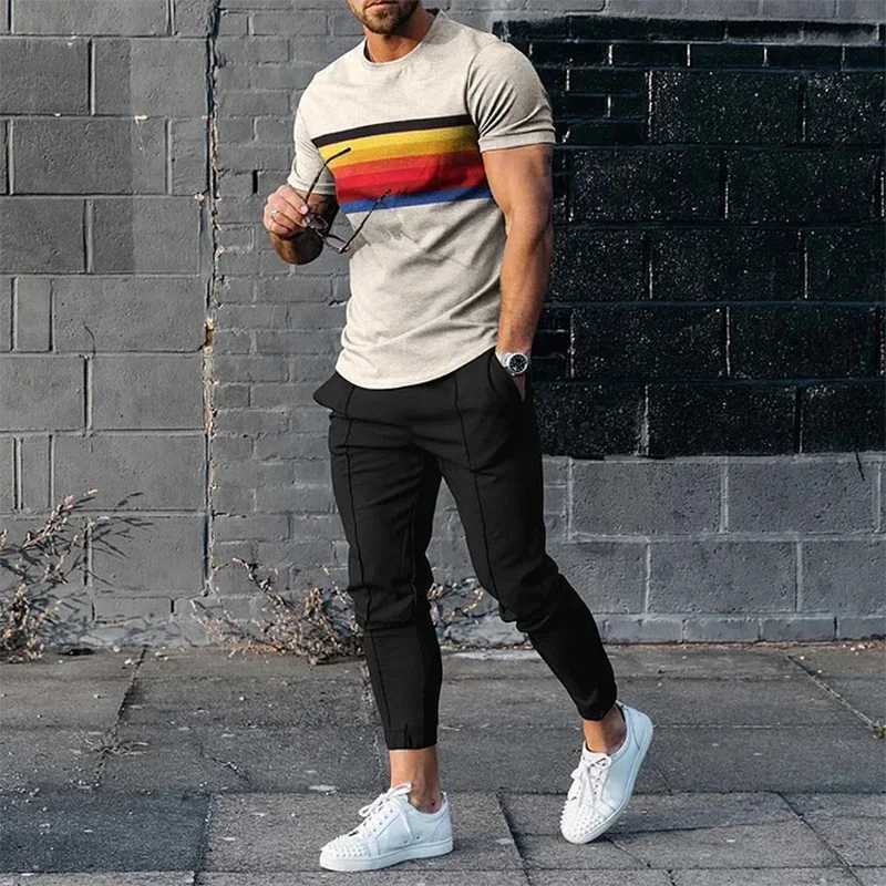 Fashion casual striped 3D printed mens sportswear set short sleeved T-shirt pants 2-piece set oversized floral mens clothingXJ250412