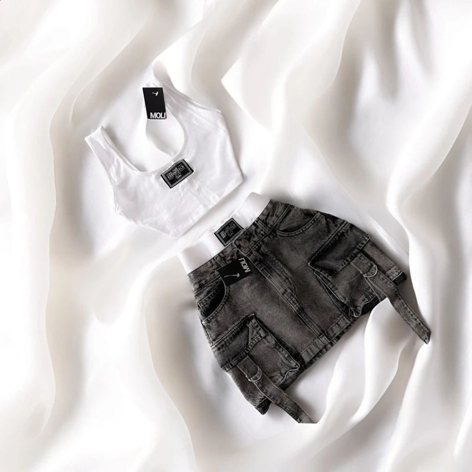 Harajuku Gothic womens jeans and shorts two piece Peice set multiple pockets denim bodysuit 250411