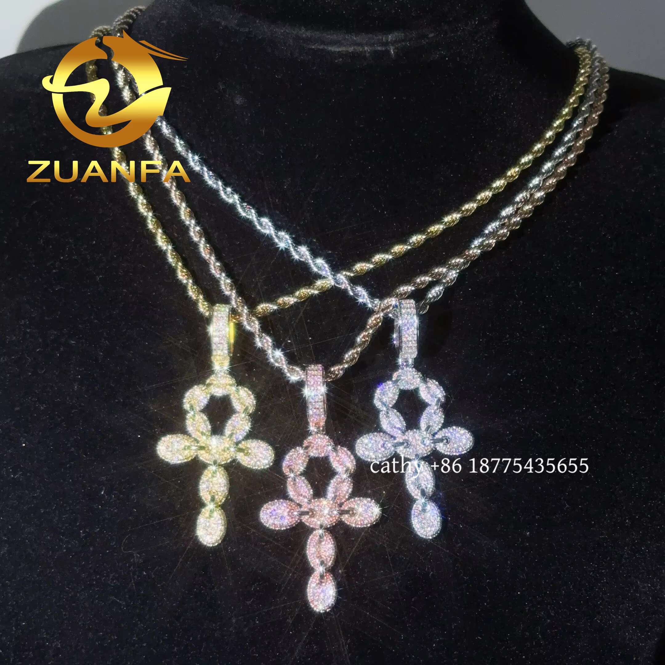 48 Hour Ship Out VVS Moissanite Hip Hop Jewelry Cross Iced Out Pendant Sterling Silver 925 Moissanite Pendant With Rope Chain