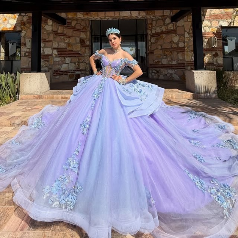 Lavender Sky Blue Princess Quinceanera Dresses Off Shoulder Applique Flower Beads Tull Corset Sweet 16 Dress Ball Gown Vestidos 15 De Anos