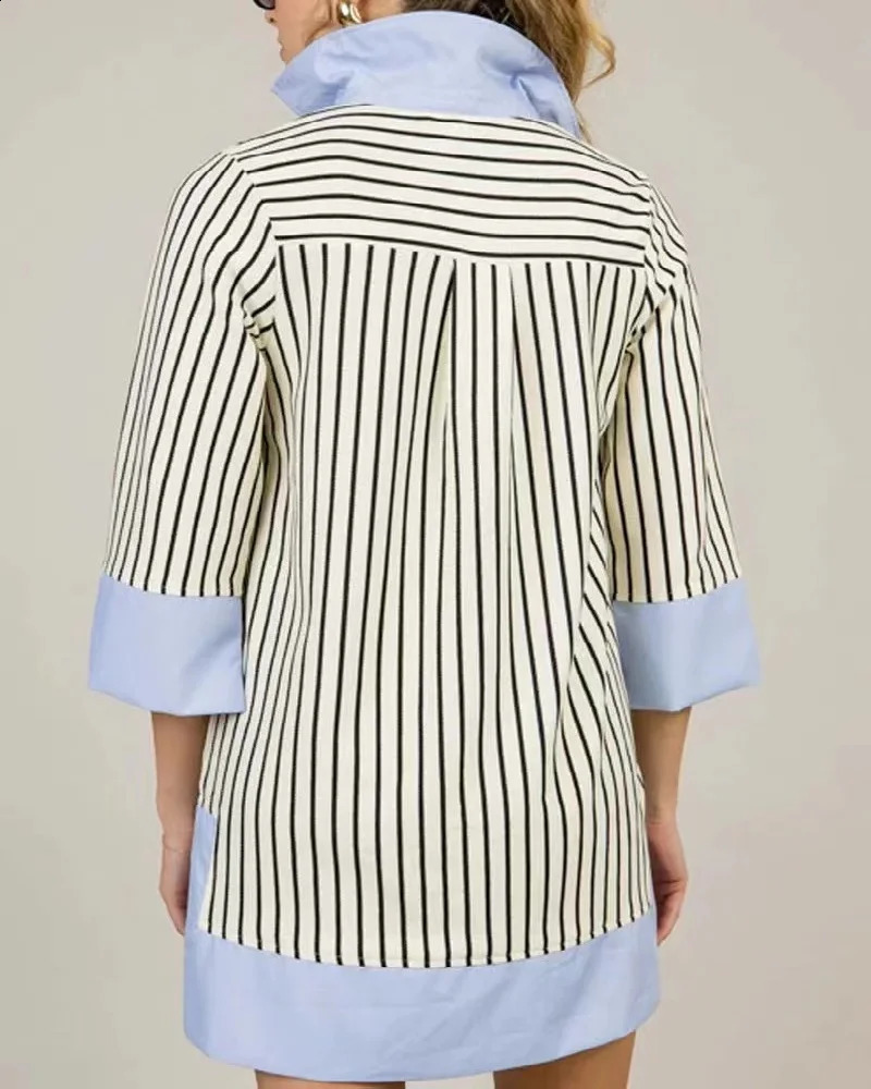 selling item for plus size womens fashion blue collar striped dress clothing 250411