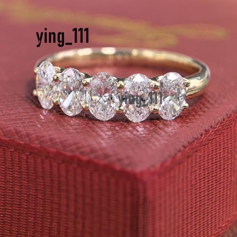 14K Yellow Solid Gold 5 Oval Cut Lab Grown Diamond Eternity Ring 5.3*3.8mm Oval CVD Diamond Fashion Womens Wedding Gold Ring