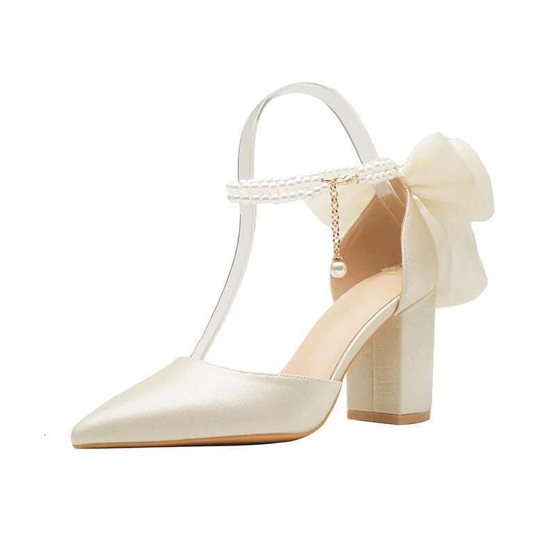 Slimming Shoes Casual Heels Shallow Mouth Sandals Ladies Pointed Pumps Hollow 2025 All-Match Comfortable Beige African Bow Toe S