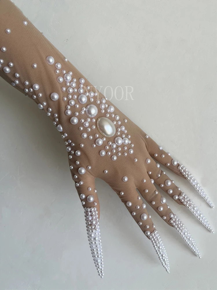 White Pearls Women Gloves Evening Party Club Wear Drag Queen Show Sing Dance Stage Performance Costume Poshoot Gloves 250408