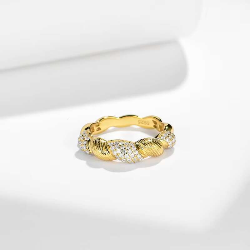 Italian Buchellati Brushed Full Diamond S925 Silver Jewelry 18K Gold Plated Moissanite Diamond Ring for Ladies