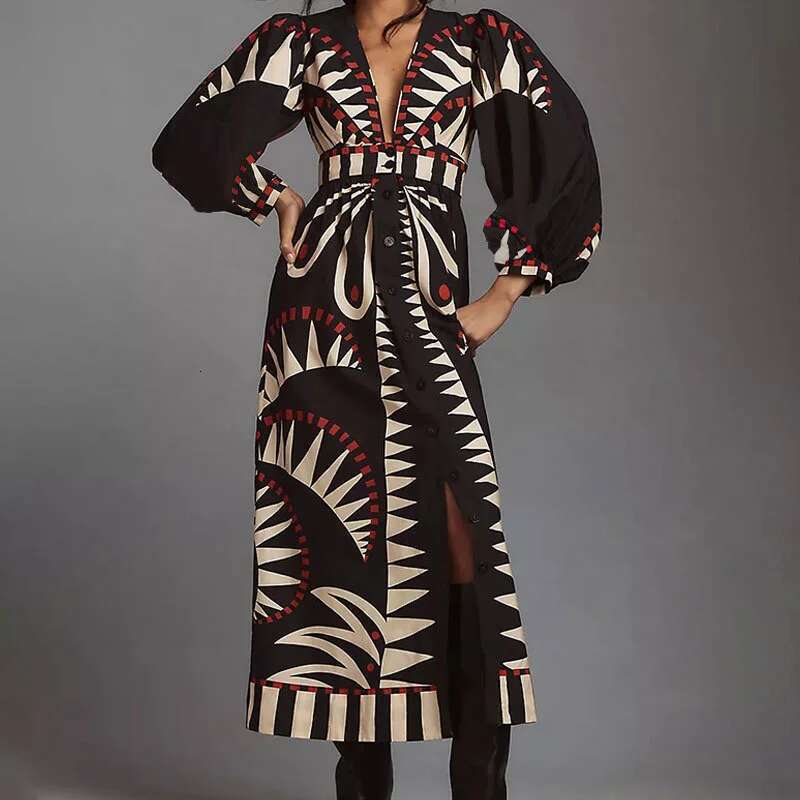 Summer Fashion Pattern Print Long Spring Elegant Deep V-Neck Split Bohemian Women Casual Lantern Sleeve Party Dress