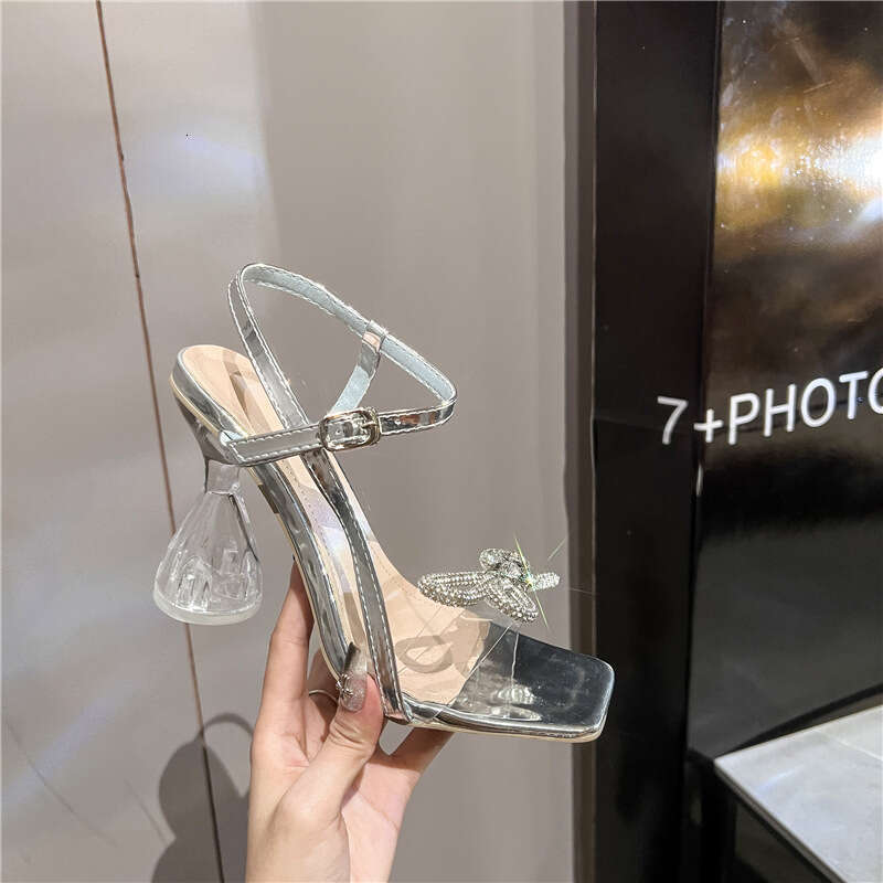 2025 Summer New Water Diamond Women's Shoes Butterfly Bow Square Head One Button High Crystal Heel Sandals for Women