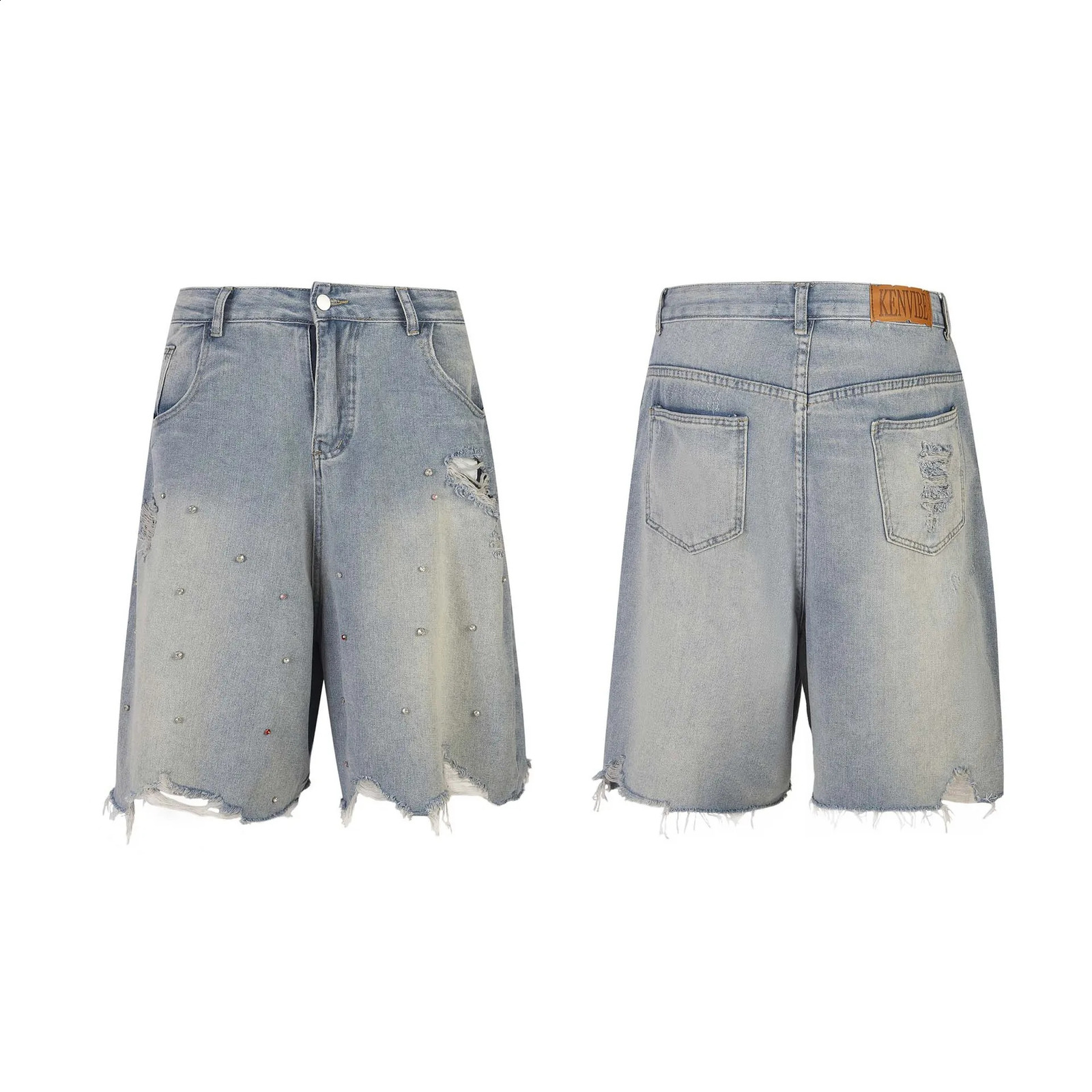 Rhinestone Hole Distressed Jean Shorts for Men Women Harajuku Streetwear Hip Hop Denim Short Pants Retro Shorts 250411