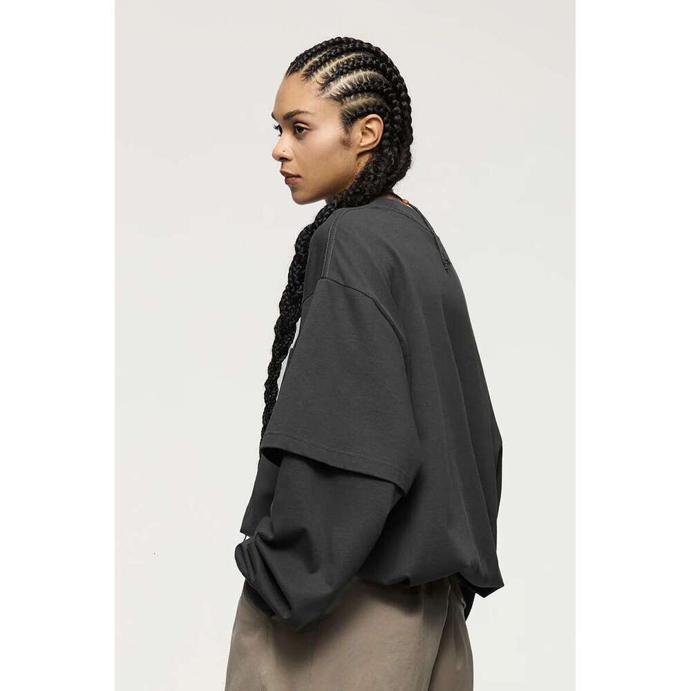 Fake Two-Piece Long-Sleeve Tees For Unisex Minimalist Oversized Tshirts With Pocket