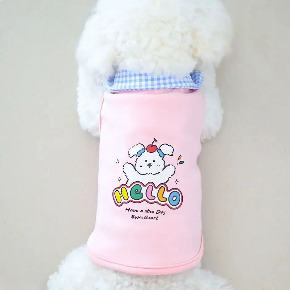 Spring and summer cute little dog cartoon print plaid collar cardigan princess style cat and dog clothes smaller than Xiong 250407