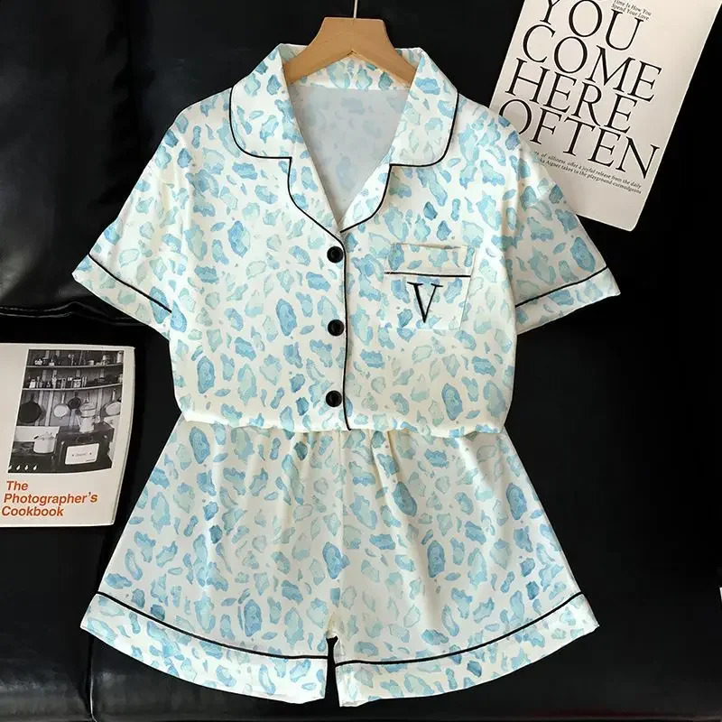 Victorian Style Fashion Leopard Print Womens Pajamas Retro Literary Fresh Homewear 2025 Summer Short Sleeve Shorts Pyjamas 250411