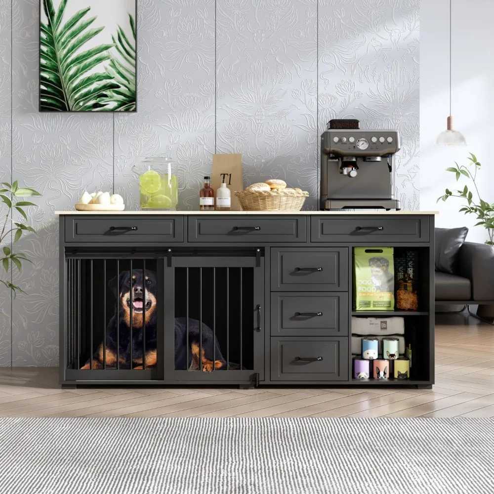 Dog box with storage function 72.4-inch wooden heavy-duty dog shelter table furniture with drawers and shelves indoor dog house TV X250412