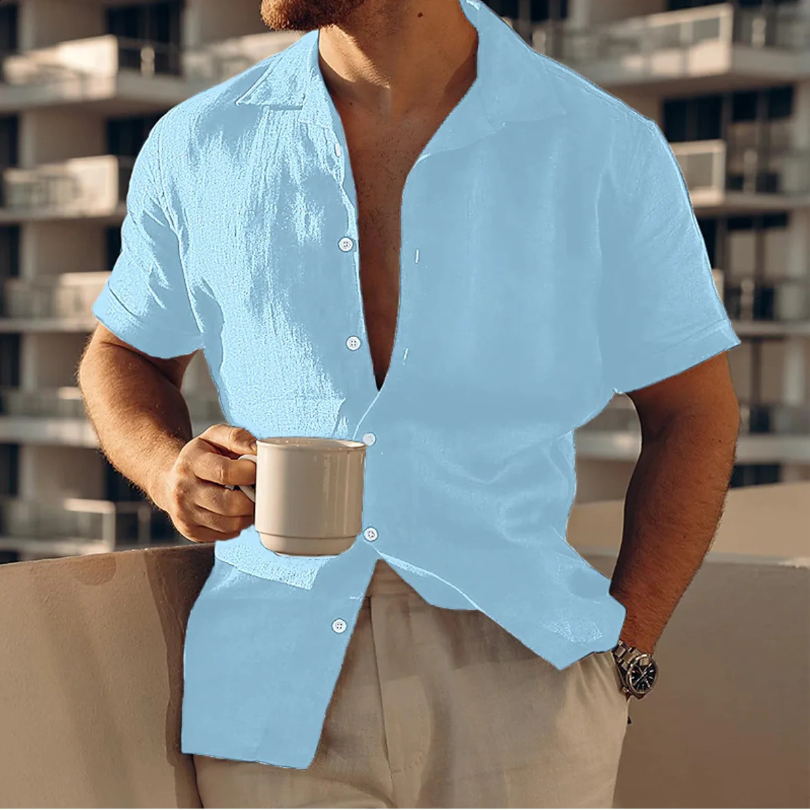 Mens Summer Beach Shirt Short Sleeve Linen Button Solid Color Casual Single-breasted Shirt Plain Color Lapel Casual 250411