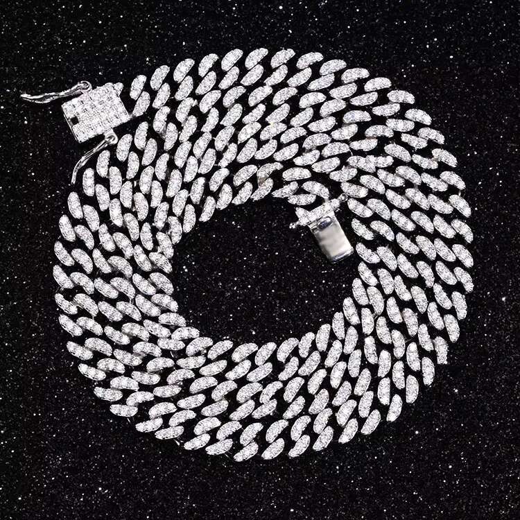 Hip Hop Light Single Row 8mm 10mm Wide Real S925 Plated Gold Moissanite Cuban Link Chain