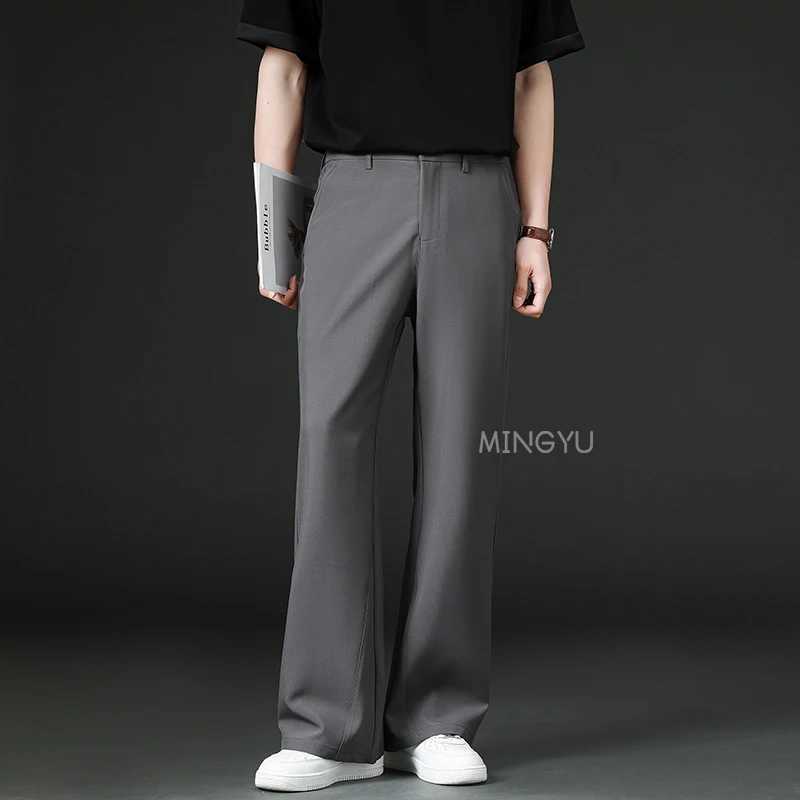 Brand Clothing Summer Smooth Flare Pants Men Business Elastic Waist Suit Flared Trousers Male Korean Work Office Plus Size S-4XL W250411